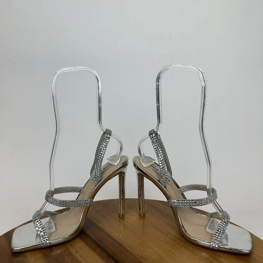 Womens Steve Madden Gracey Silver‎ Rhinestone Slingback Heeled Sandals Size 7 M